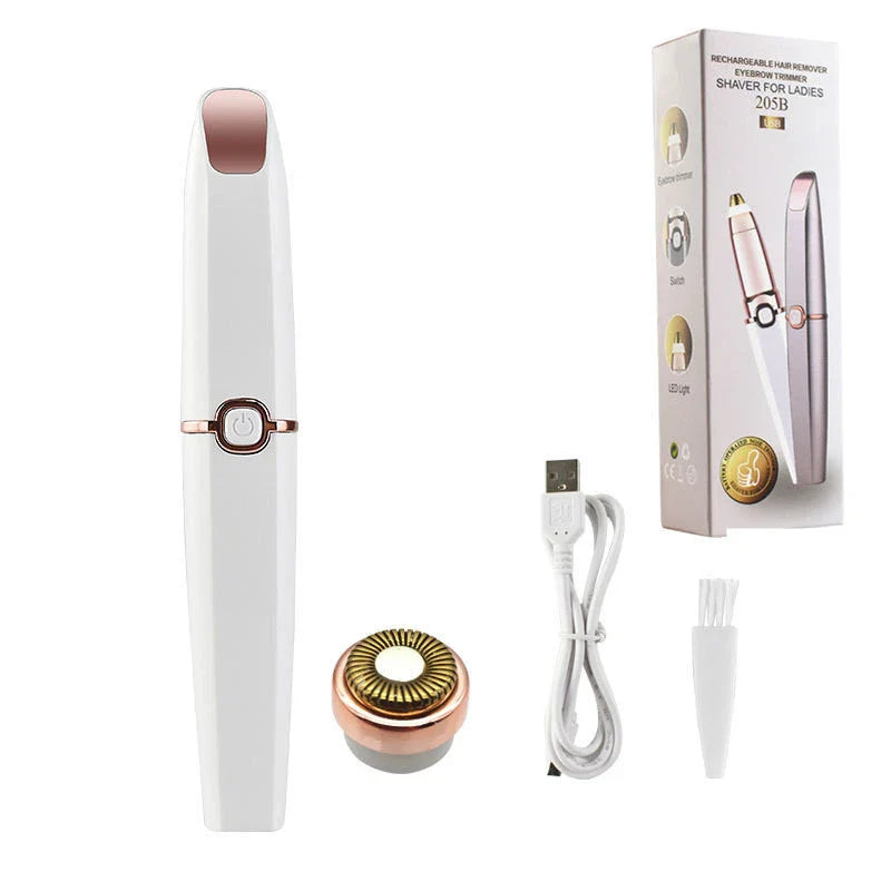 2-in-1 cordless lipstick-style eyebrow trimmer and face shaver in white color, with charging cable and cleaning brush