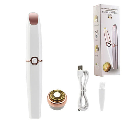2-in-1 cordless lipstick-style eyebrow trimmer and face shaver in white color, with charging cable and cleaning brush