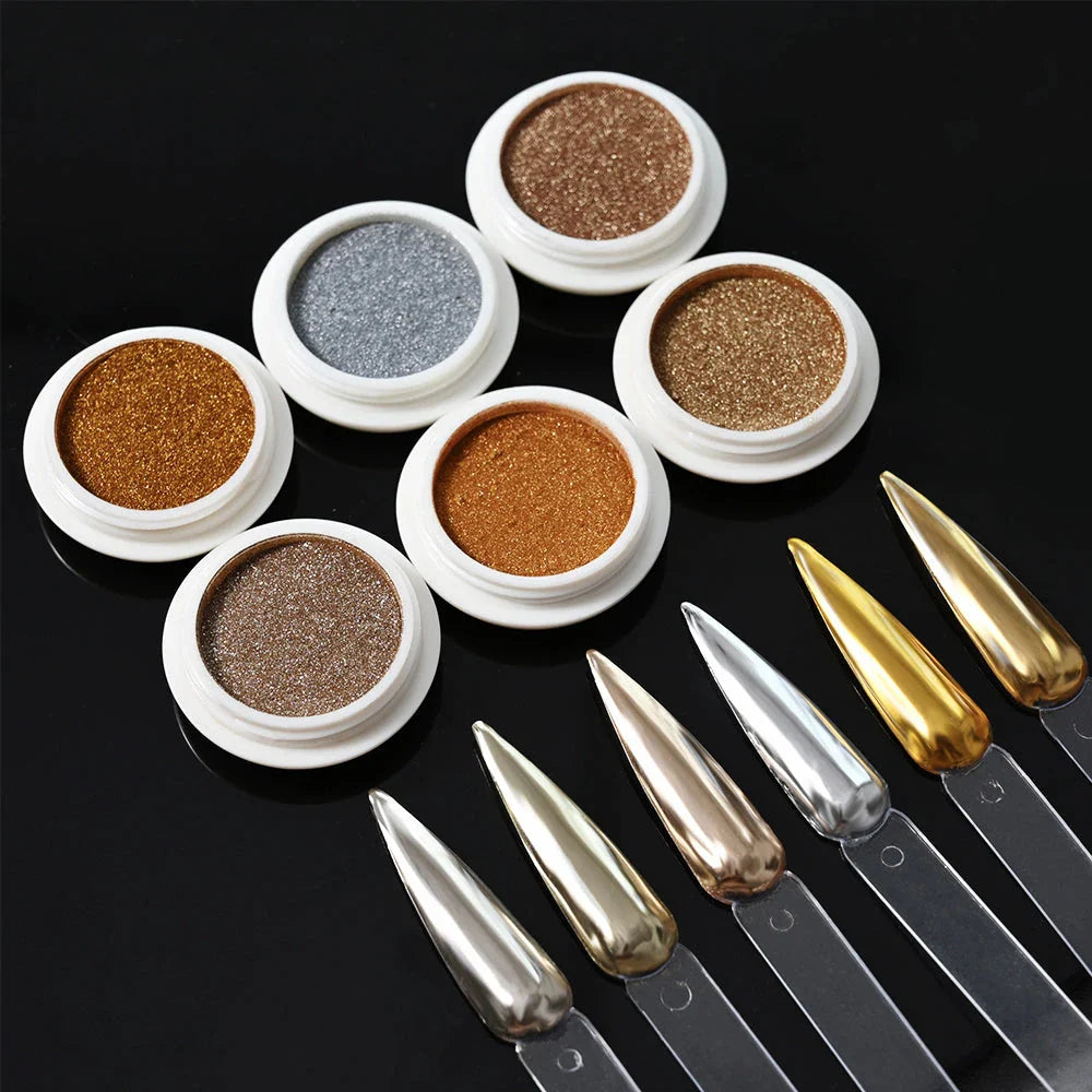 Glamorous mirror chrome metallic nail art powder set with gold and silver color options
