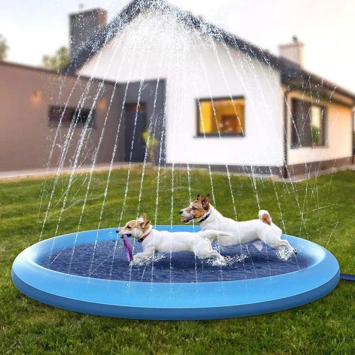 Inflatable blue dog splash pool and sprinkler mat with water jets, perfect for outdoor summer fun