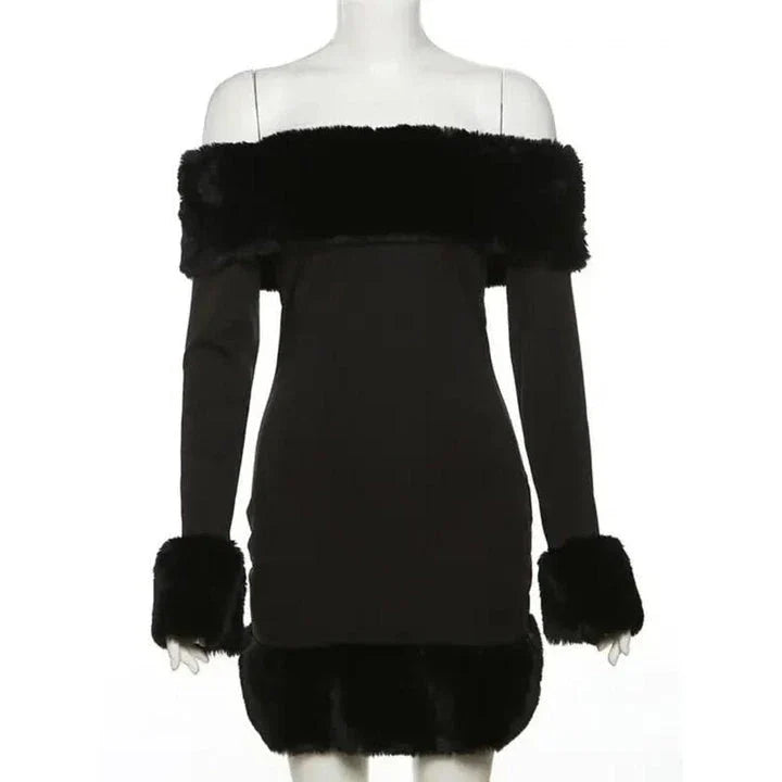Elegant off-shoulder bodycon mini dress with fur trim for stylish autumn and winter occasions