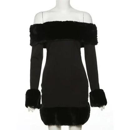 Elegant off-shoulder bodycon mini dress with fur trim for stylish autumn and winter occasions