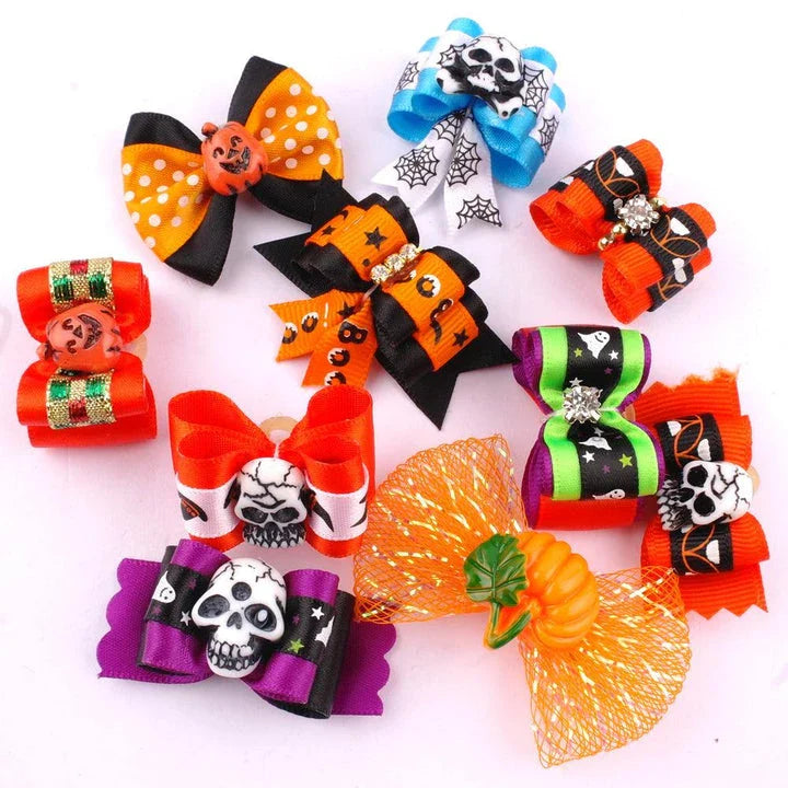 Colorful pet Halloween hair bows in a variety of spooky designs