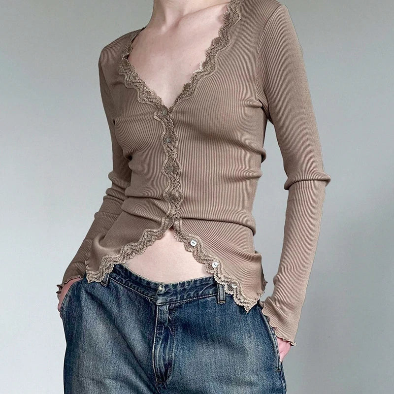 Stylish slim fit long sleeve v-neck t-shirt in khaki color, made with premium cotton-blend fabric
