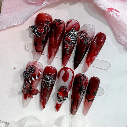 Meticulously crafted Gothic Dark Punk Butterfly Press-On Nails with intricate metal liquid butterfly designs
