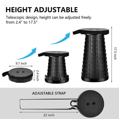 Adjustable height portable telescopic stool made of durable plastic for outdoor activities like hiking, fishing, and picnicking