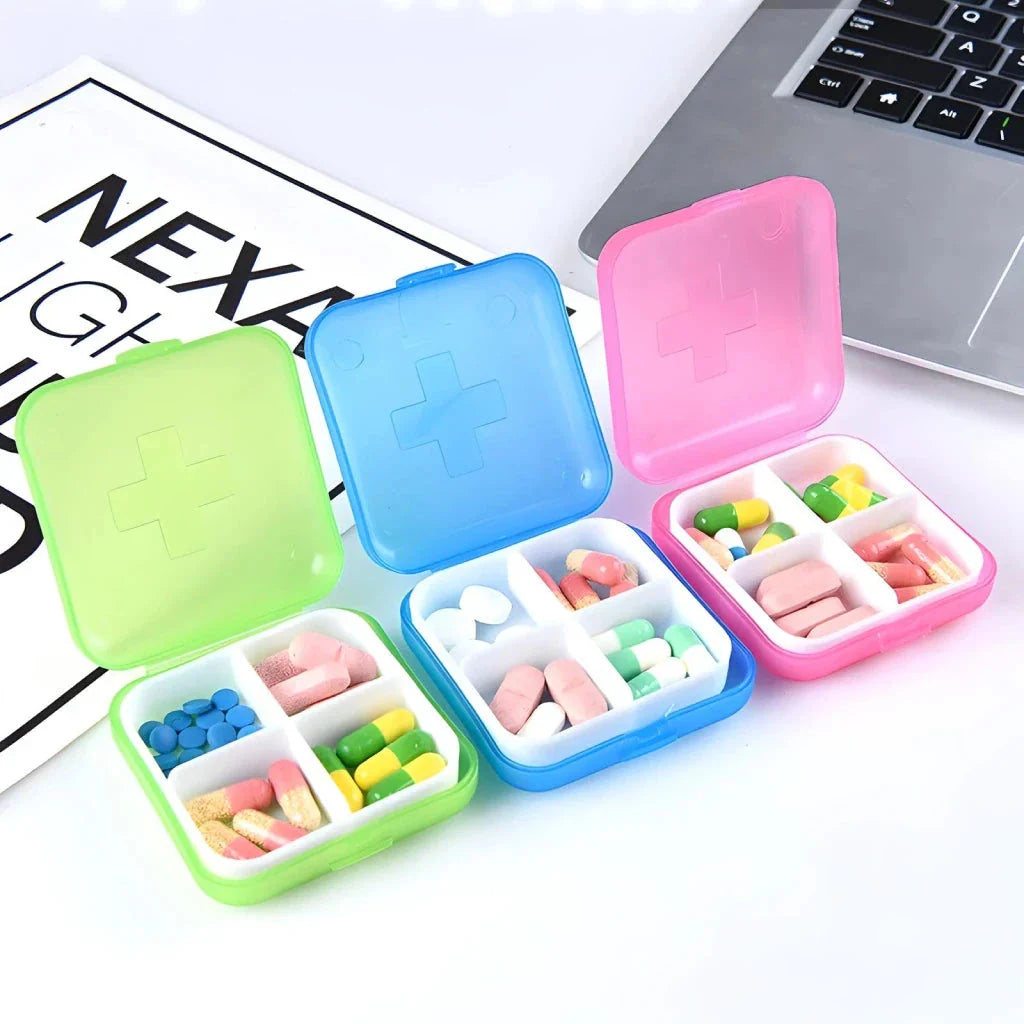 Compact 4-compartment pill organizer in various colors - blue, green, pink, and red