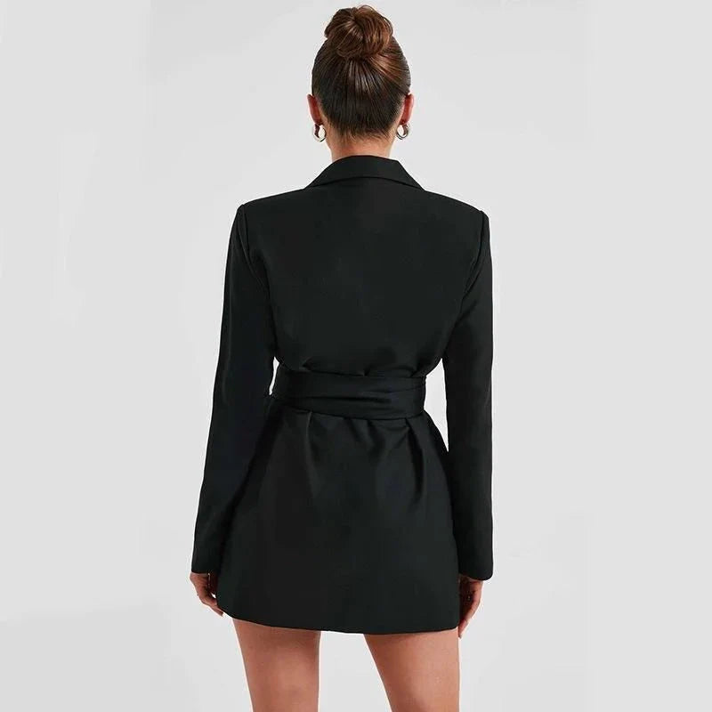 Chic and trendy deep v-neck bandage dress in black for modern women, featuring a figure-flattering fit and eye-catching design