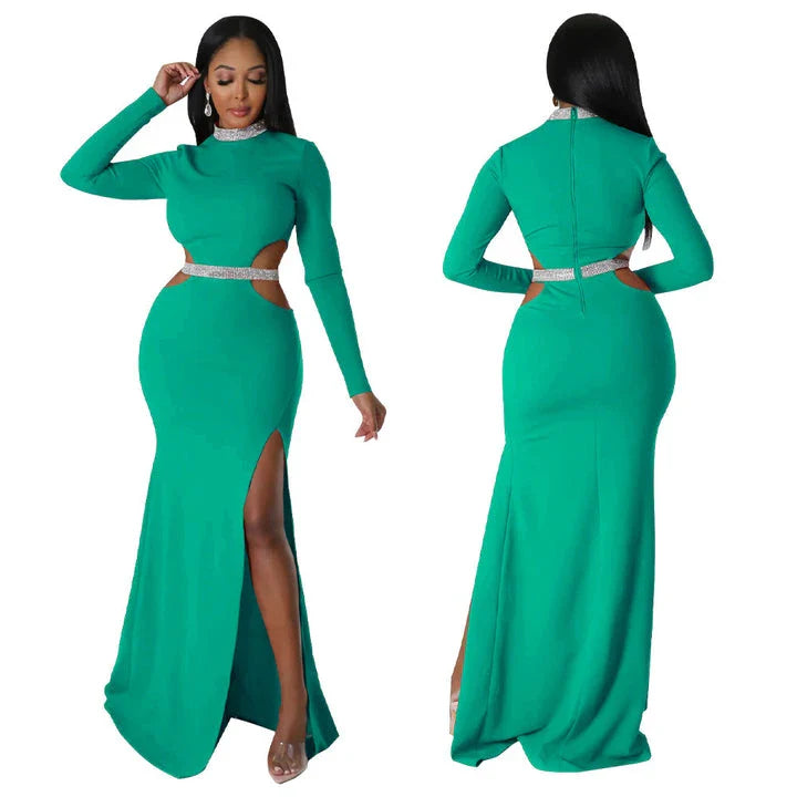 Stylish and flattering waist-accentuating split dress in solid colors, made from premium polyester fabric for comfort and versatility.