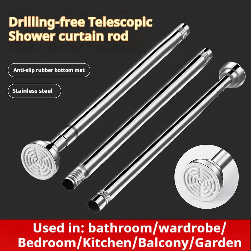 Adjustable stainless steel tension shower curtain rod in multiple size options for versatile bathroom and home use