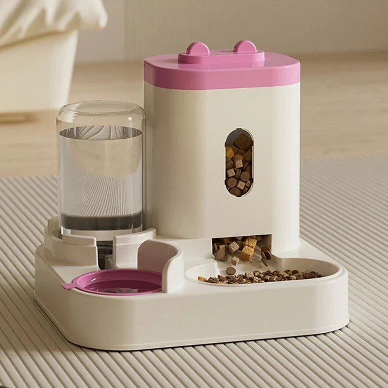 Automatic 2-in-1 Pet Feeder and Water Dispenser in various colors - grey, yellow, blue, and pink - with large capacity and self-refilling design