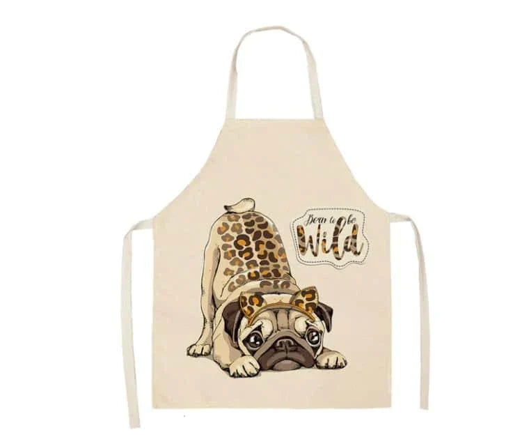 Charming pug-themed apron with a vibrant print, made of durable cotton and linen materials for practical kitchen use.
