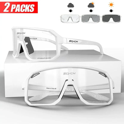 Pair of adjustable, photochromic cycling sunglasses with UV400 protection, suitable for outdoor activities and sports