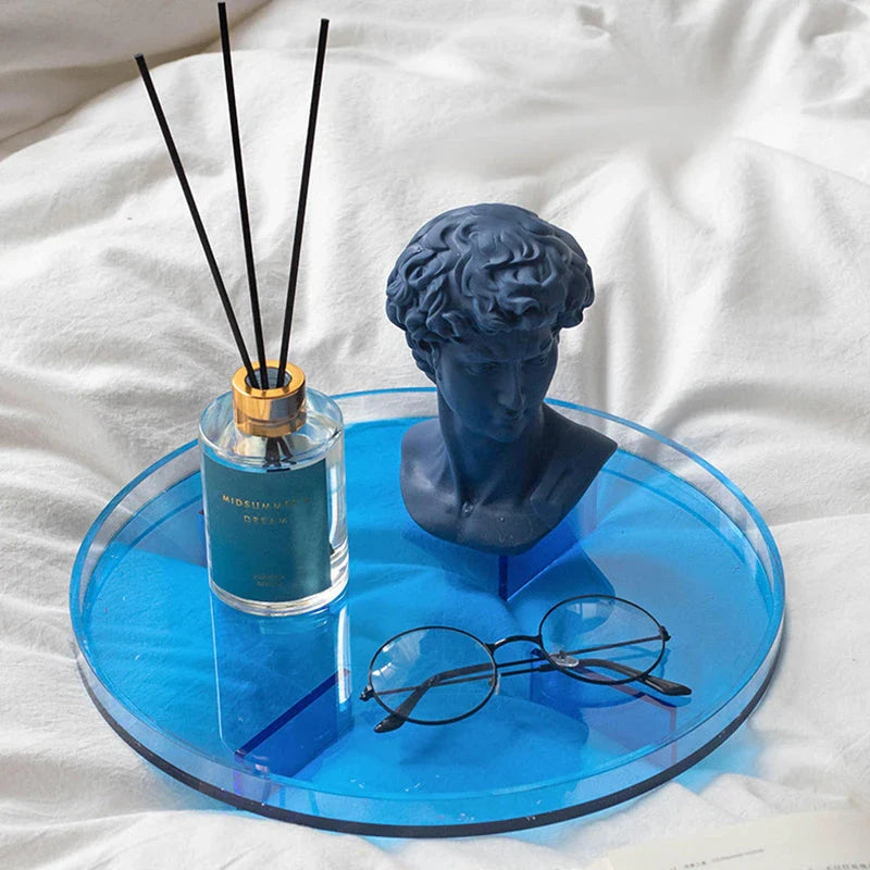 Elegant Nordic Acrylic Round Tray in blue color, perfect for serving drinks, desserts, and home decor