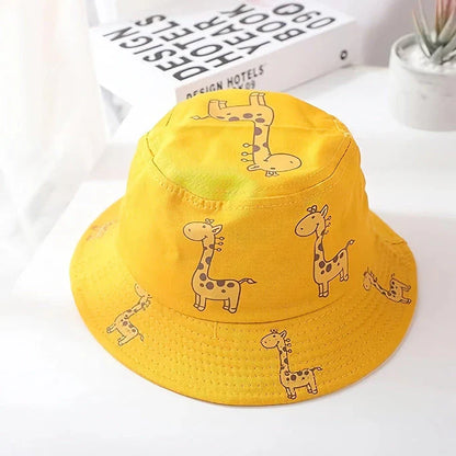 Colorful cartoon giraffe bucket hats for children aged 1 to 5 years, with adjustable straps and durable polyester material