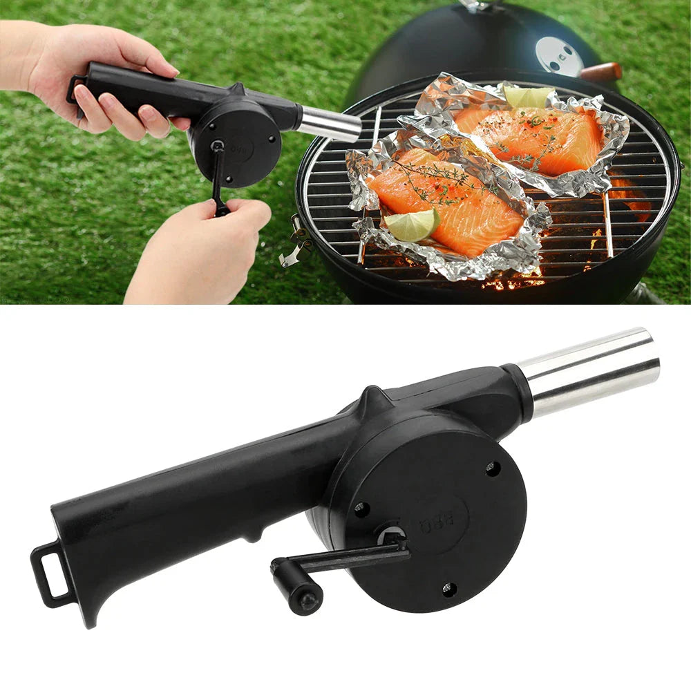 Portable BBQ air blower with hand-cranked design for quick and easy grill fire ignition