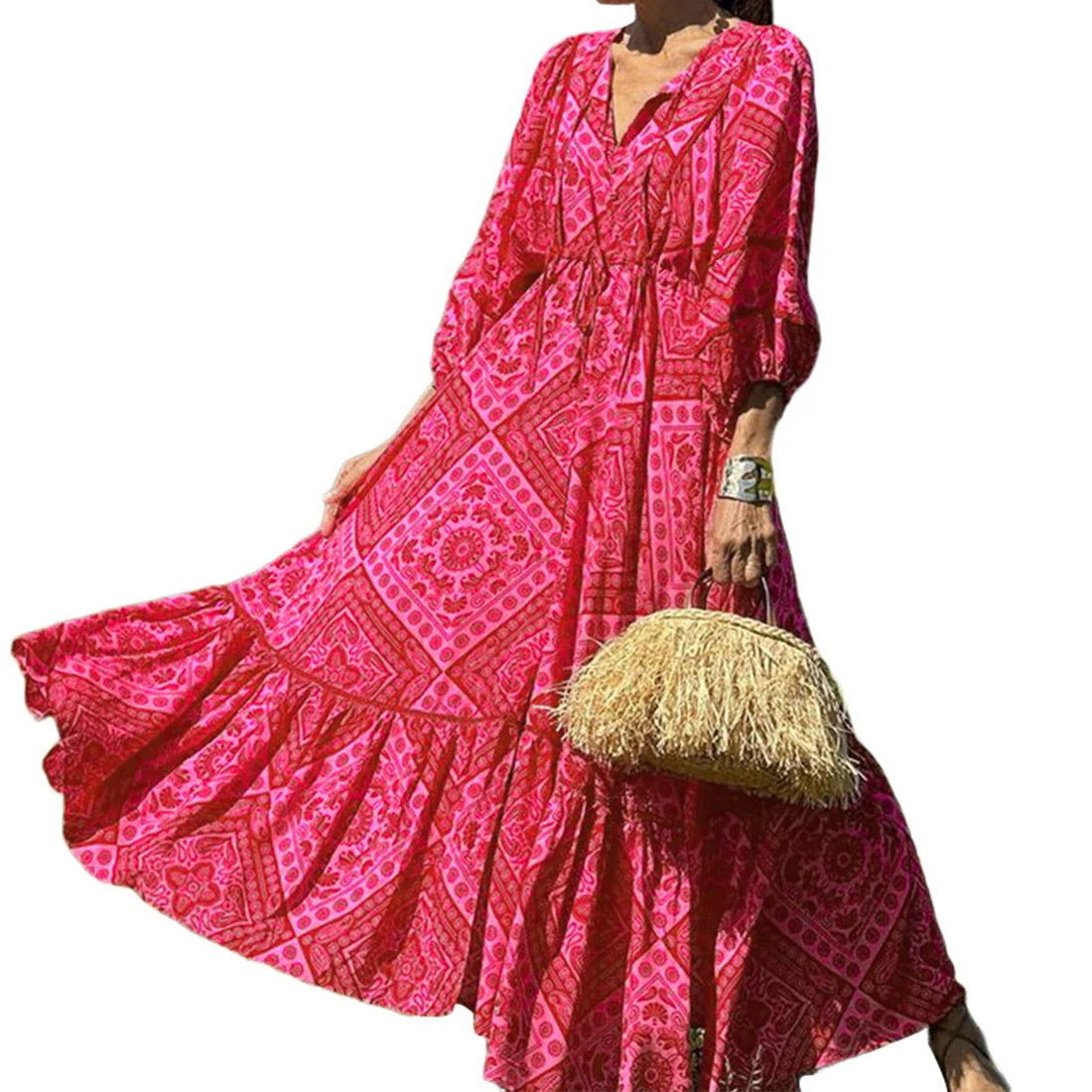 A vibrant red Bohemian-style dress with a geometric print pattern, featuring a mid-length, flattering silhouette and stretchy, comfortable Spandex fabric