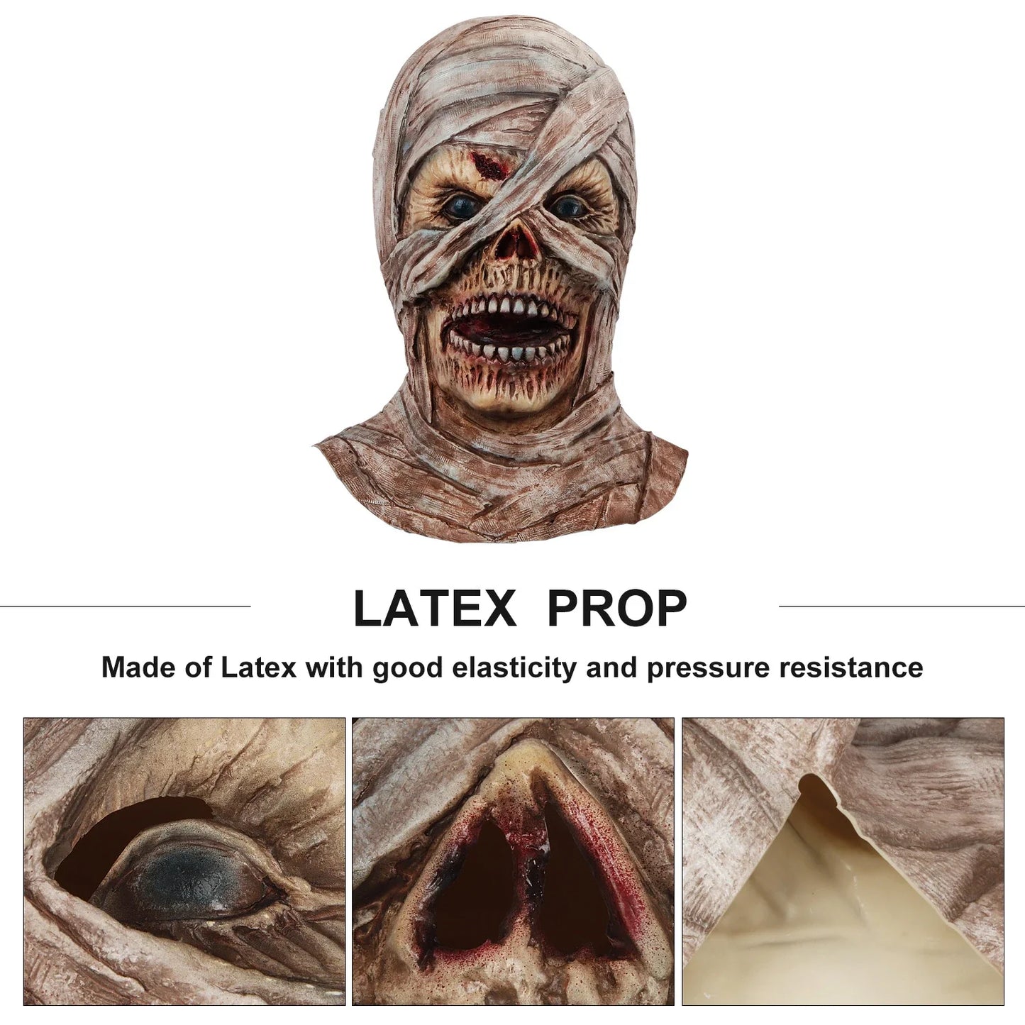 Realistic mummy mask made of high-quality latex with detailed textures and features for a spooky Halloween costume or decoration