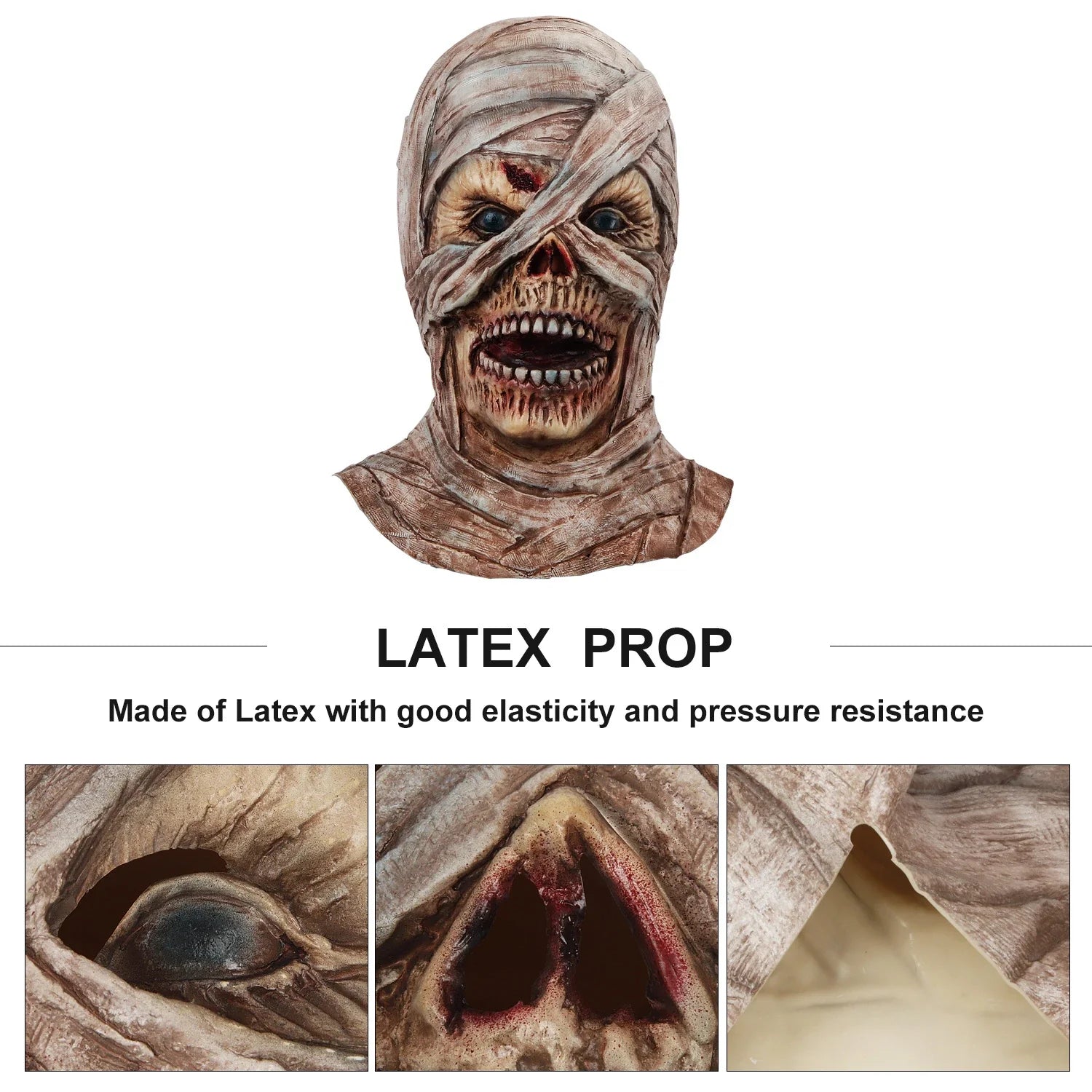 Realistic mummy mask made of high-quality latex with detailed textures and features for a spooky Halloween costume or decoration