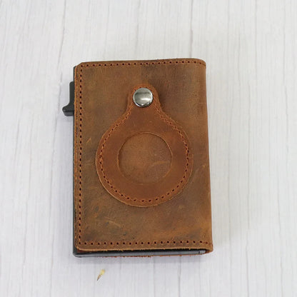 Automatic leather card wallet with anti-loss tracking feature, made with premium cowhide leather and aluminum alloy for secure and convenient card storage.