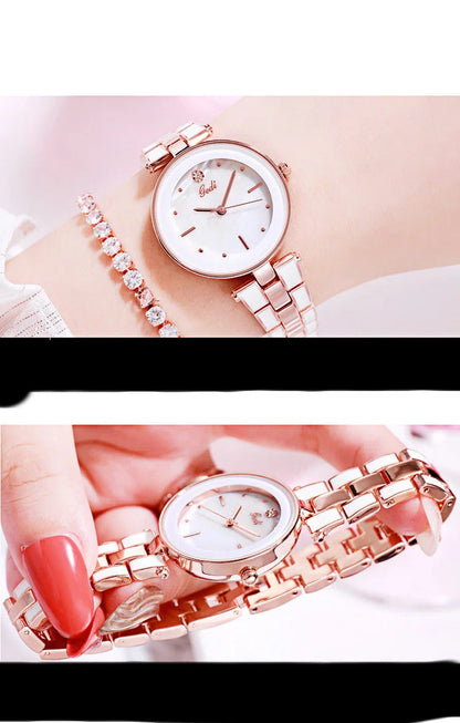 Trendy Korean-style white quartz ladies watch with rose gold accents and stainless steel strap