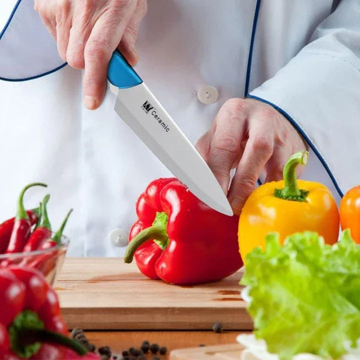 Premium eco-friendly ceramic kitchen knife set with sharp zirconium oxide blades and ergonomic handles