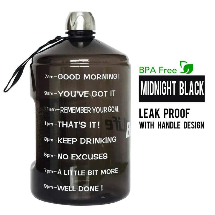 Durable gallon-sized water bottle with clear time markings for easy hydration tracking