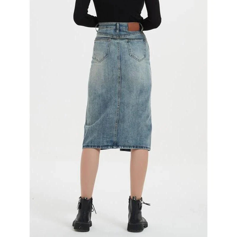 Chic and Comfortable High-Rise Denim Pencil Skirt with Flattering High-Waist Design and Versatile A-Line Silhouette