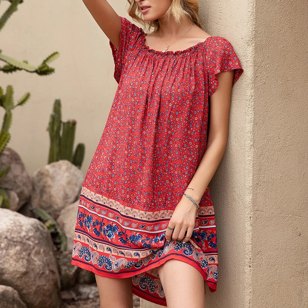 Elegant floral one-line collar dress for women in beige, red, and orange colors