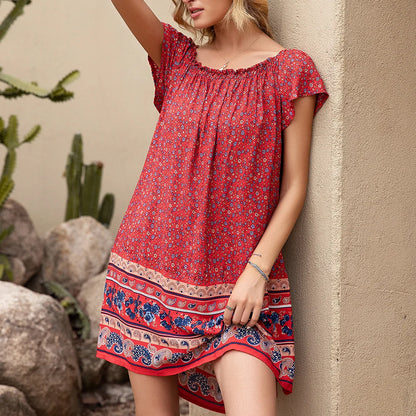 Elegant floral one-line collar dress for women in beige, red, and orange colors