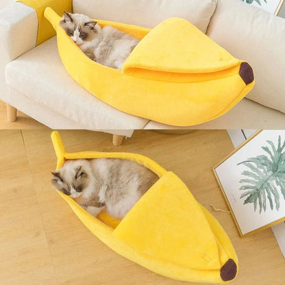 Cozy banana-shaped pet bed in various sizes and colors, providing plush comfort and support for cats and dogs