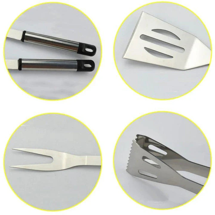 Stainless steel BBQ tool set with fork, tongs, and shovel for outdoor grilling and cooking