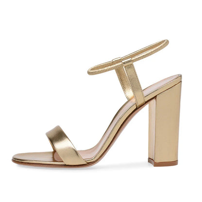Elegant high heel banquet sandals with thick platform sole, round toe, and gold or silver finish