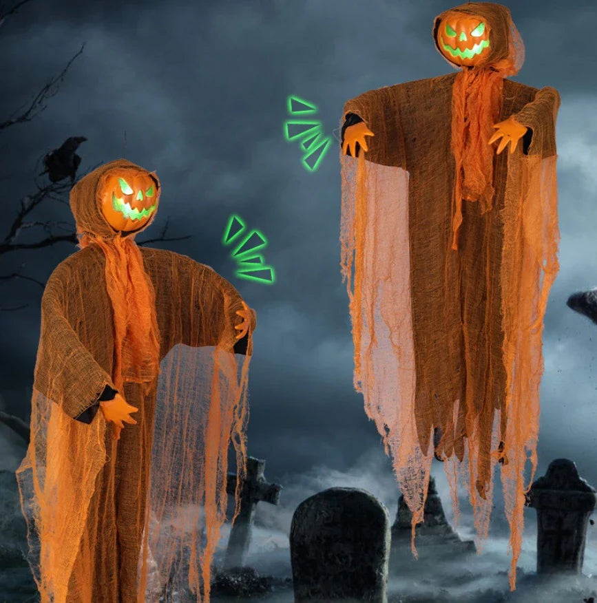 Illuminating Halloween decoration with a luminous hanging pumpkin design, perfect for adding spooky ambiance to your holiday celebrations