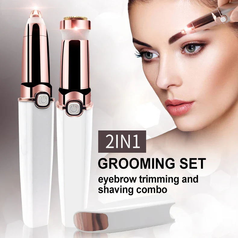 2-in-1 cordless lipstick-style eyebrow trimmer and face shaver in white color, with charging cable and cleaning brush