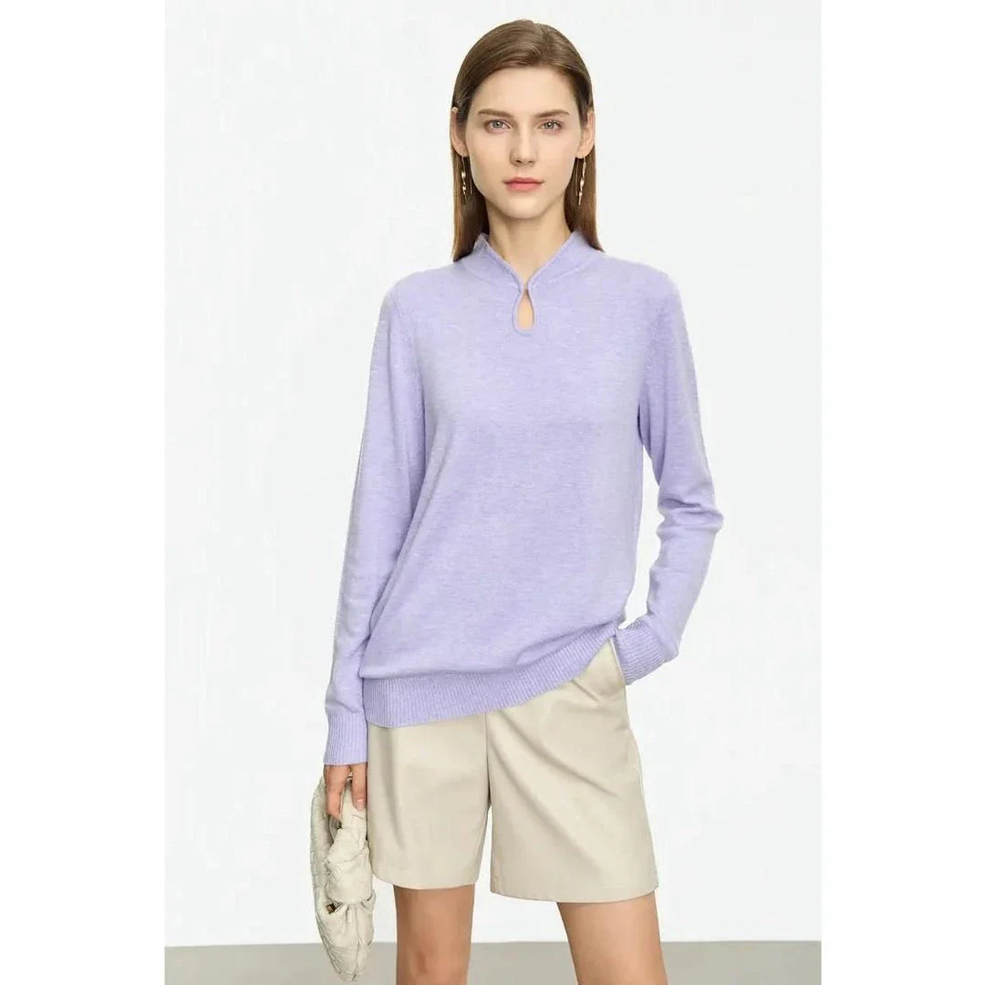 Chic Minimalist U-Collar Long Sleeve Pullover in Green and Purple colors, featuring a unique design and cozy blend of materials.