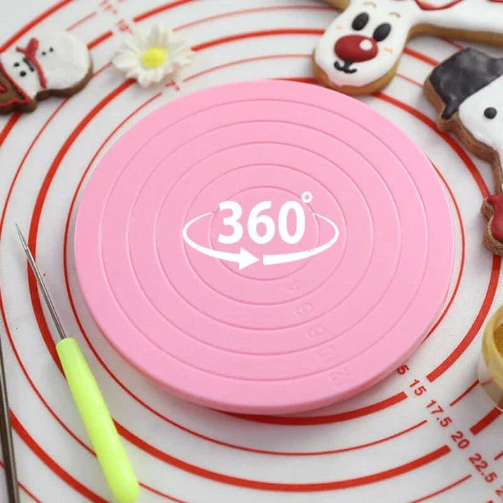 Pink rotating anti-skid cake turntable with stainless steel ball bearing for easy cake decorating