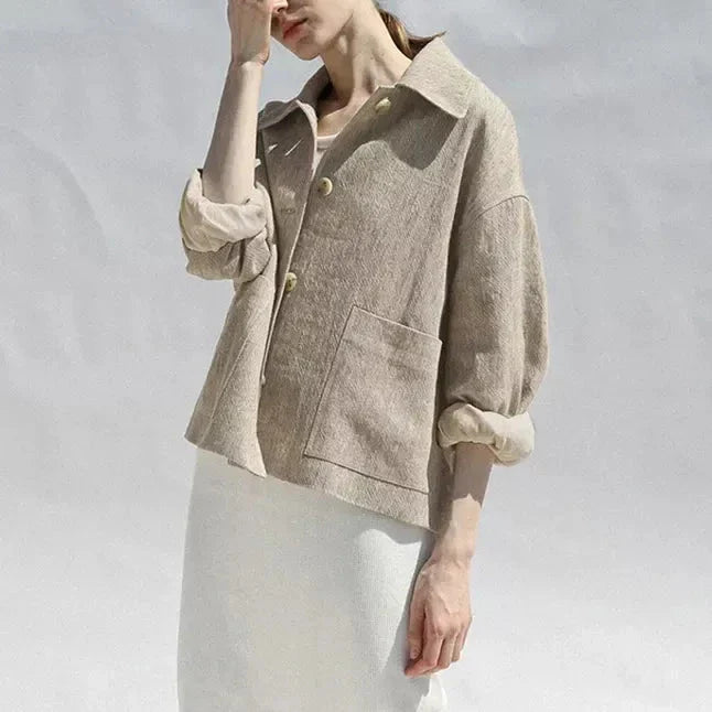 Elegant and comfortable cotton-linen autumn jacket for women with classic lapel collar and versatile design