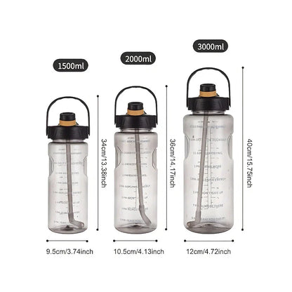 A large capacity sports water bottle with a straw lid and time stamps, designed for ultimate hydration and convenience.