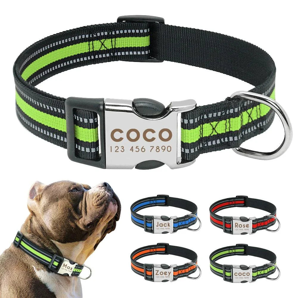A striped reflective dog collar made of durable nylon material, ensuring visibility and safety for your furry friend during walks and outdoor adventures.