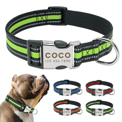 A striped reflective dog collar made of durable nylon material, ensuring visibility and safety for your furry friend during walks and outdoor adventures.