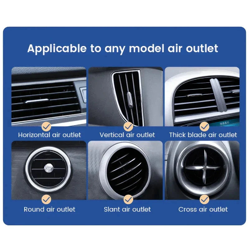 Gravity-powered car phone holder with air vent mount, securely holding a smartphone in place