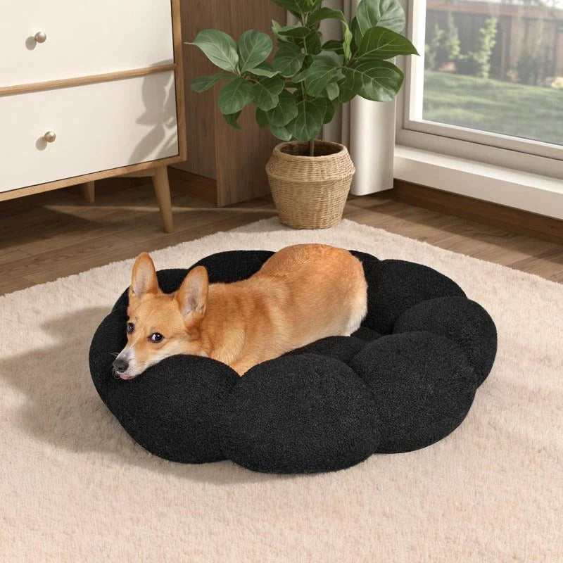 A cozy, flower-shaped dog bed made of soft, plush teddy sherpa fabric with raised edges for head and neck support, providing a calming and comfortable resting spot for medium-sized dogs.