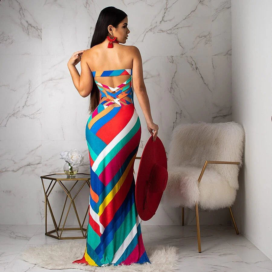 Premium halter dress with vibrant printed design, flattering silhouette, and breathable polyester fabric
