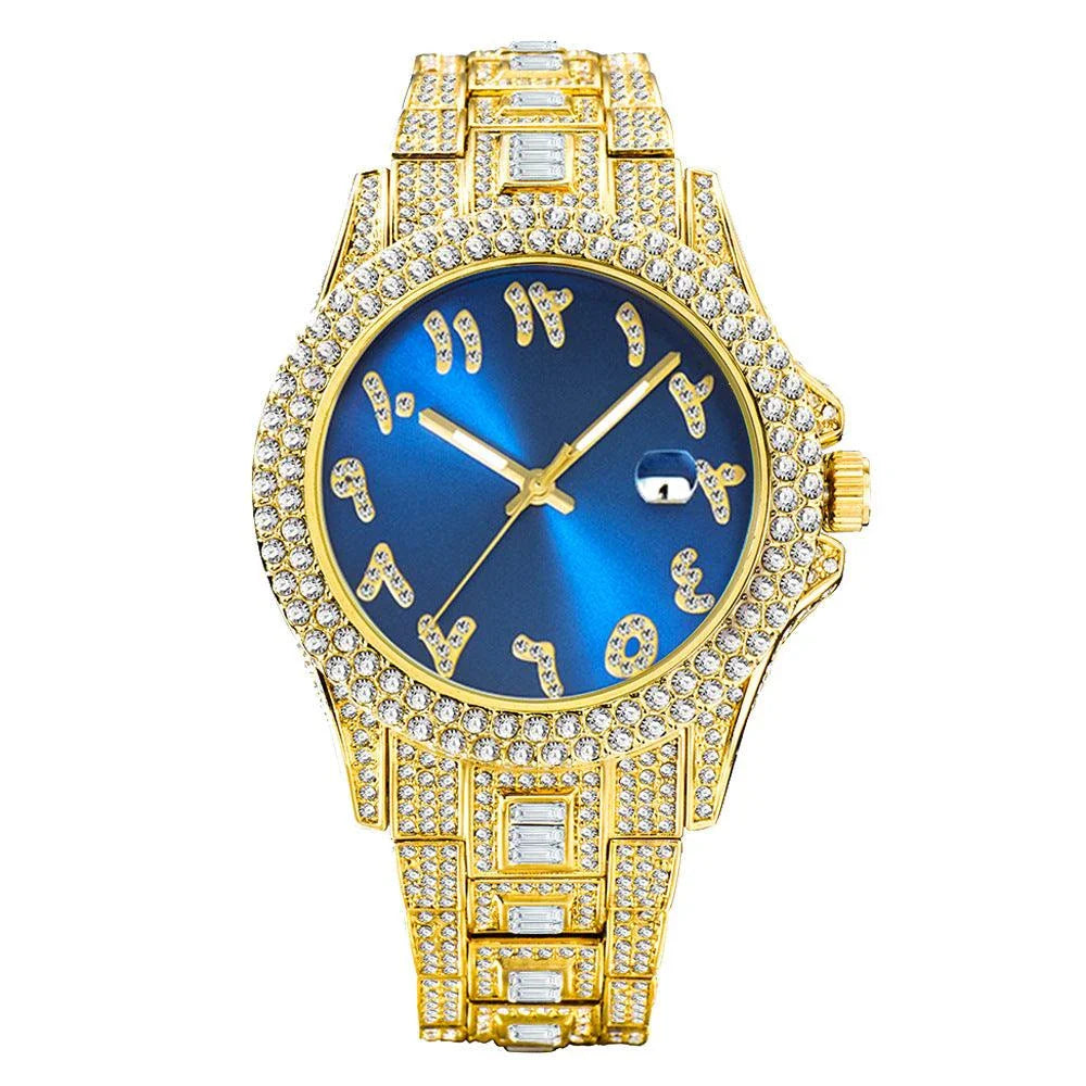 American-designed diamond-encrusted waterproof quartz watch with gold-plated stainless steel construction
