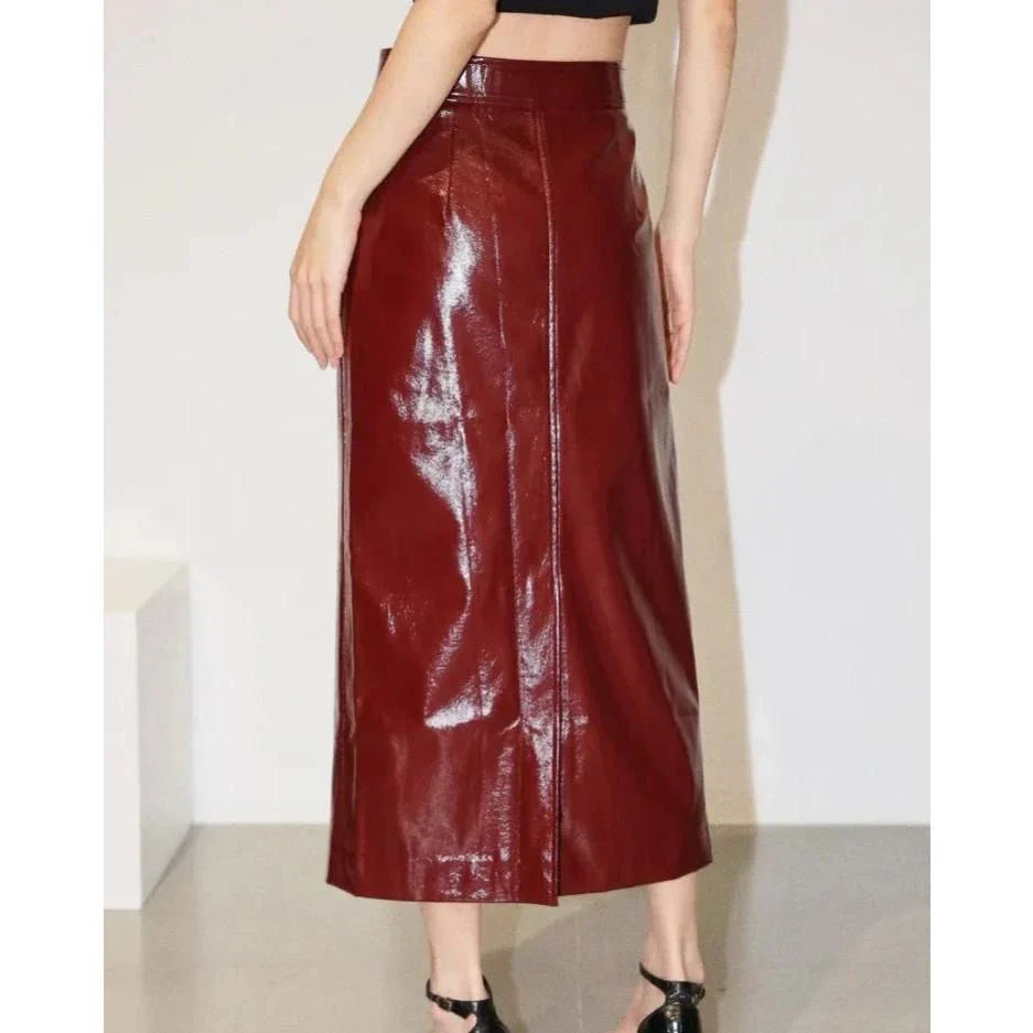 Reflective leather midi pencil skirt with a flattering high-waist design and eye-catching reflective material