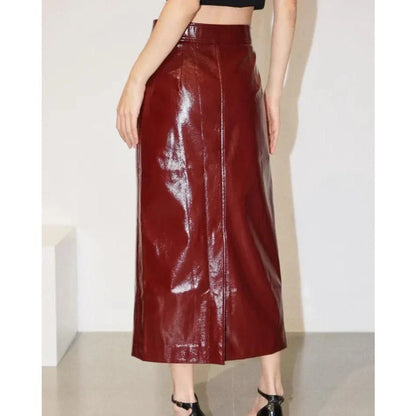 Reflective leather midi pencil skirt with a flattering high-waist design and eye-catching reflective material