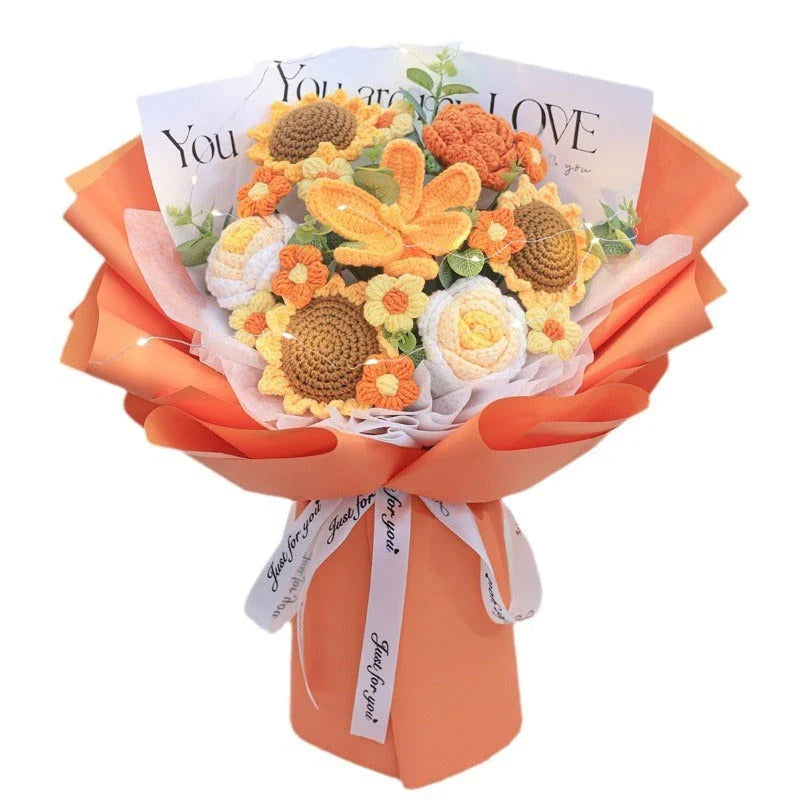 A knitted floral bouquet with vibrant flowers and LED lighting, creating a mesmerizing and elegant home decor piece.