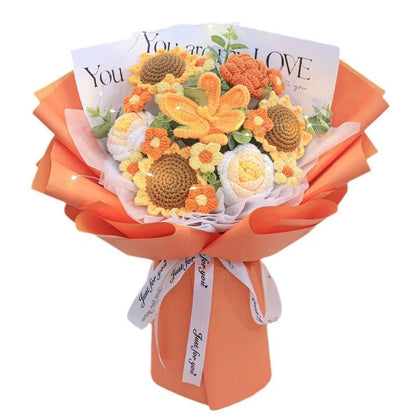 A knitted floral bouquet with vibrant flowers and LED lighting, creating a mesmerizing and elegant home decor piece.