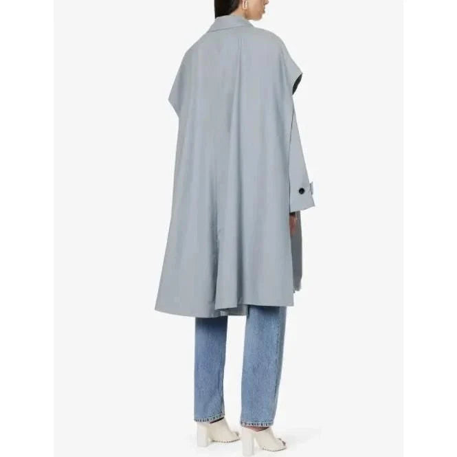 Elegant gray blue bat sleeve trench coat with double-breasted design, offering timeless style and modern comfort
